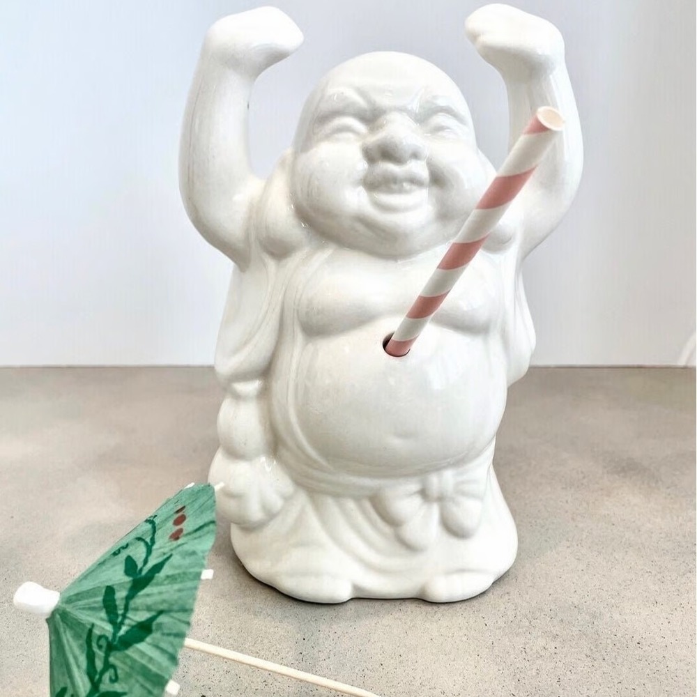 Vintage Laughing Happy Buddha Tiki White Ceramic Cocktail Mug Planter Decor